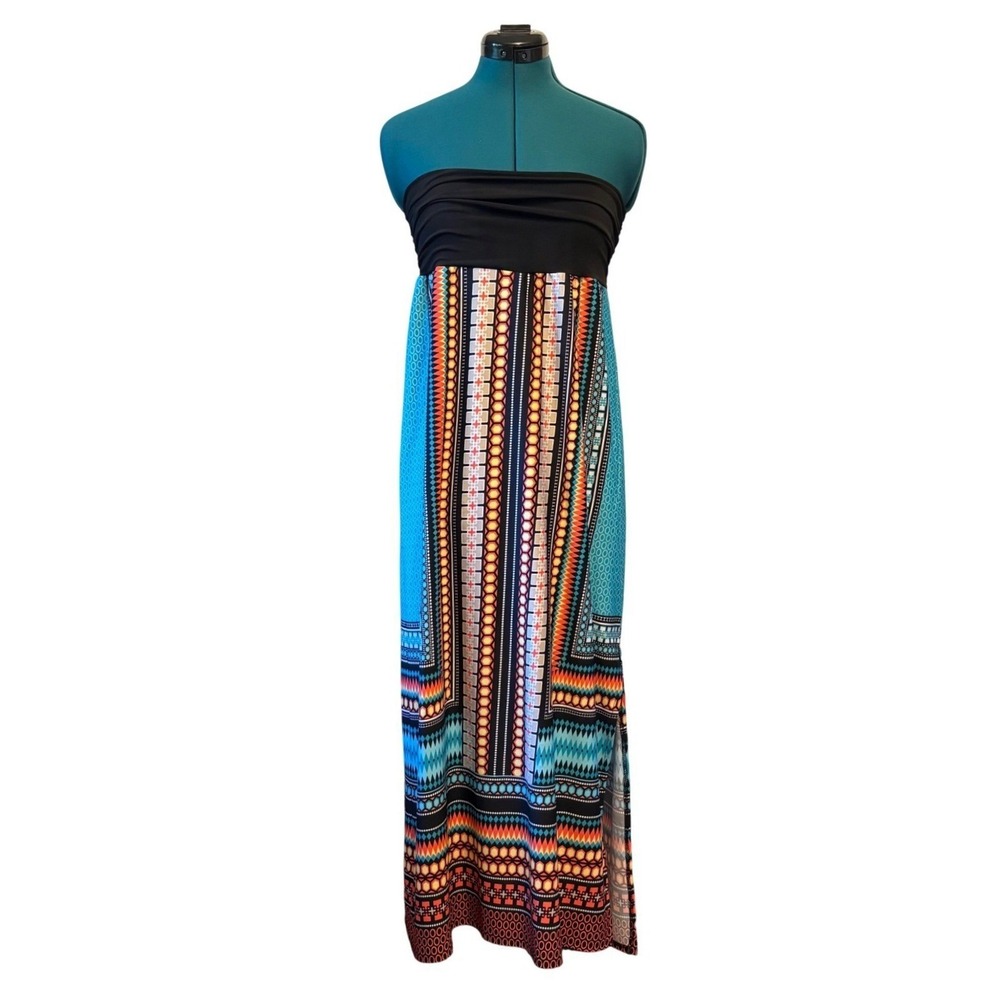 I.N. Studio Maxi Dress Black Turquoise Strapless Womens M Boho Vacation USA